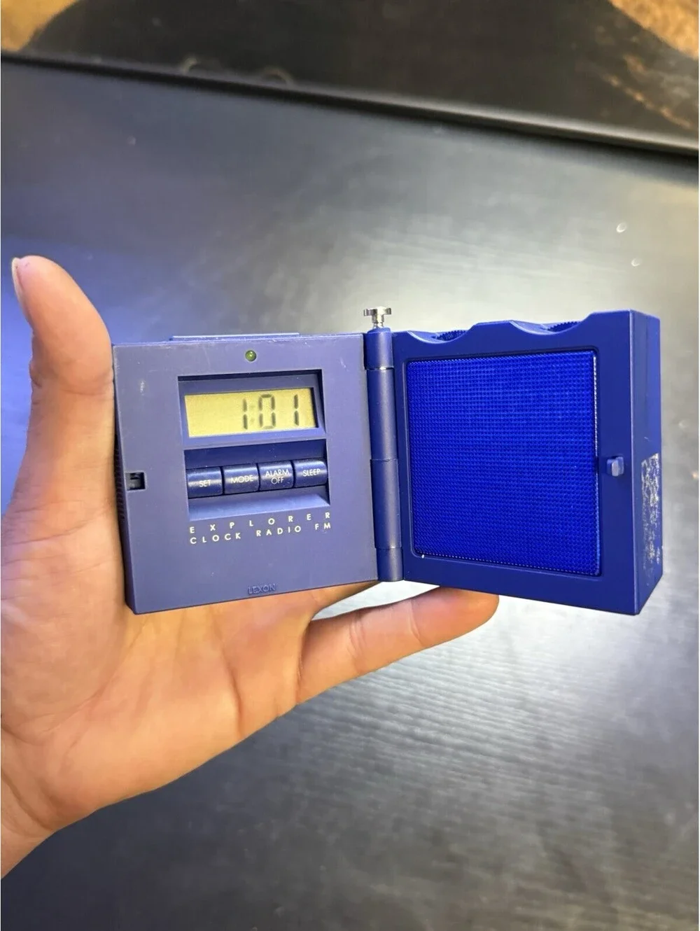 Vintage 1995 Lexon Explorer Folding FM Clock Radio Blue H Houplain Design